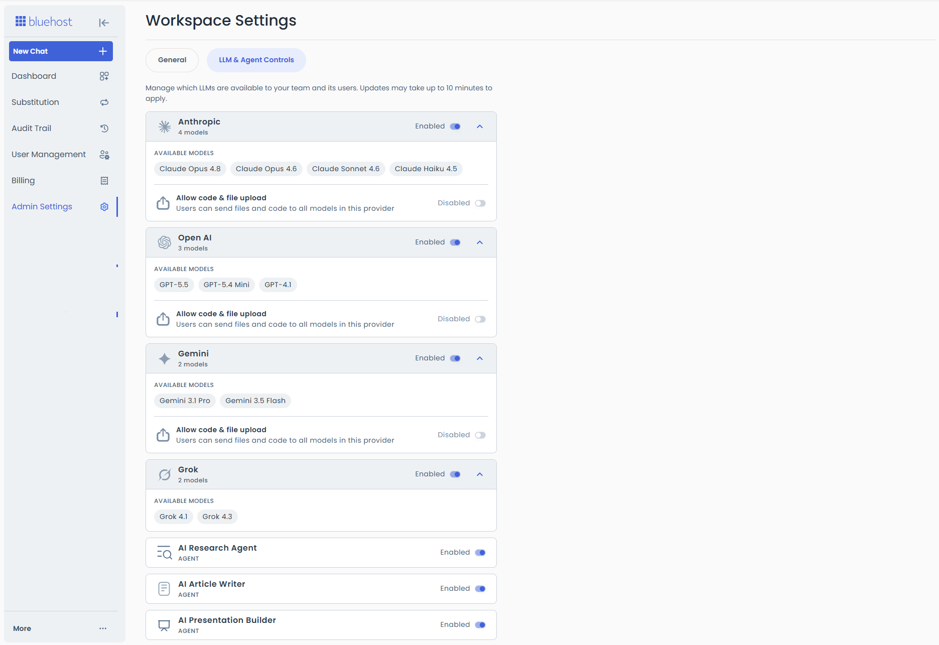 AI All-Access Dashboard - Admin Settings - LLM & Agent Controls tab