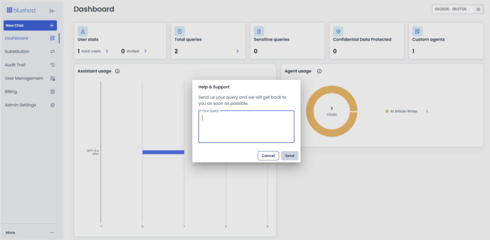 Admin Console - More - Help & Support pop-up