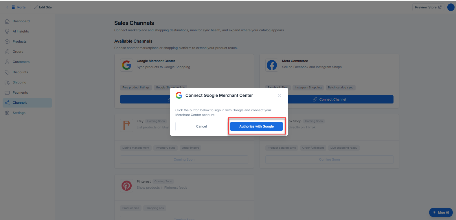 Bluehost AI Store- Authorize Channel