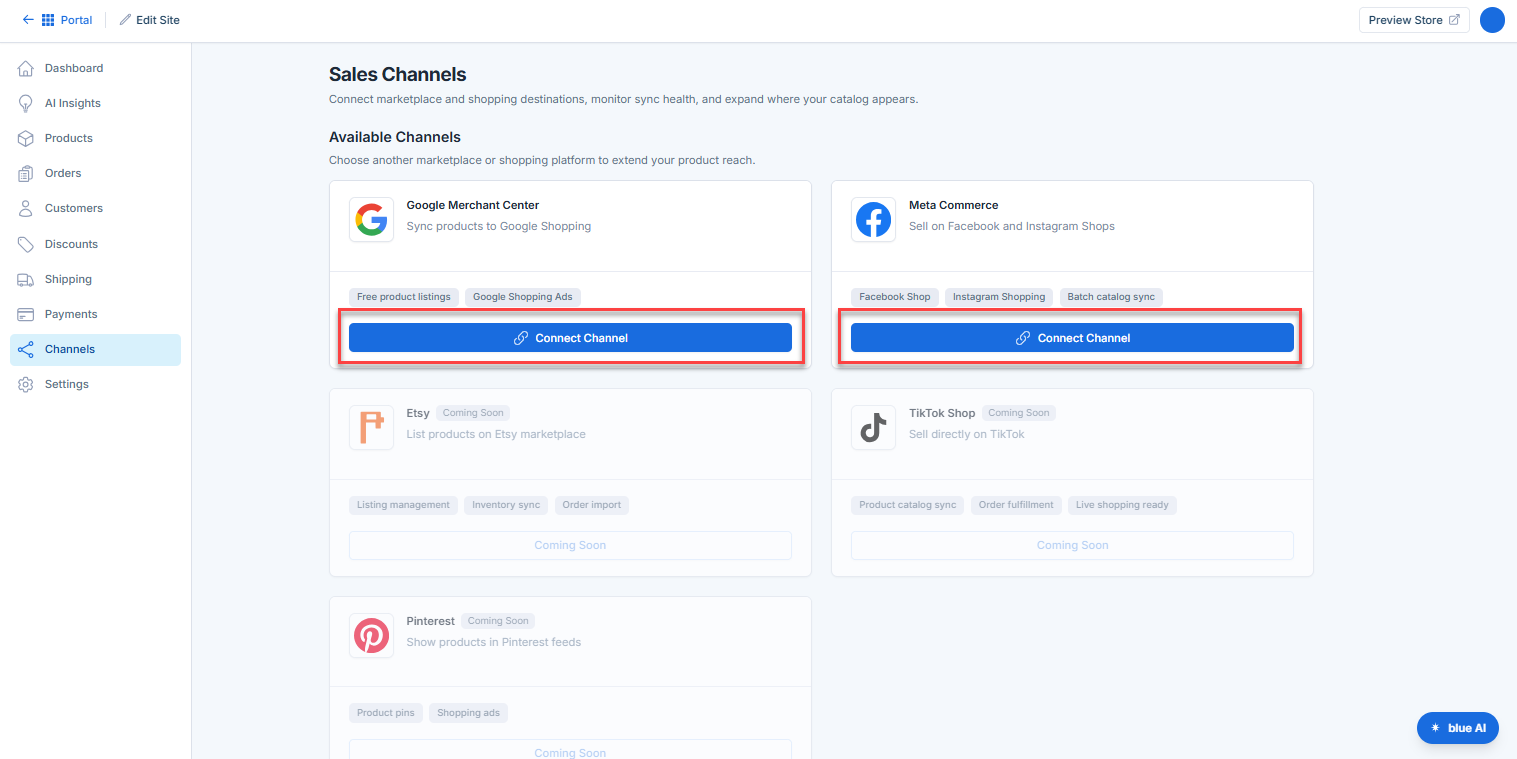 Bluehost AI Store Connect to Channel