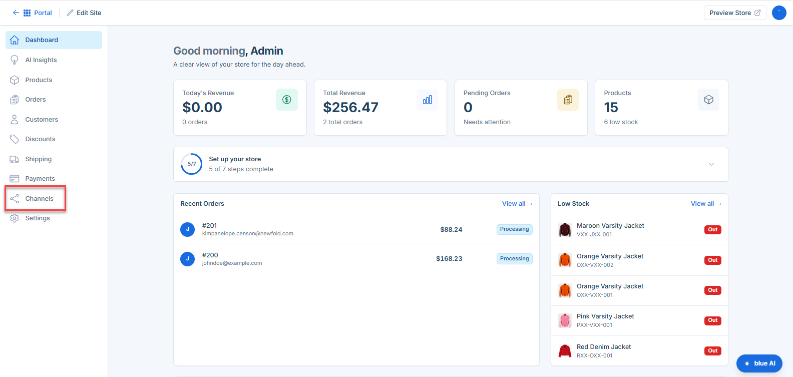 Bluehost AI Store Channels tab