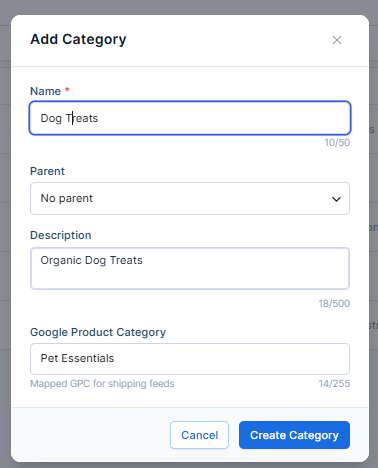 Create Category pop-up