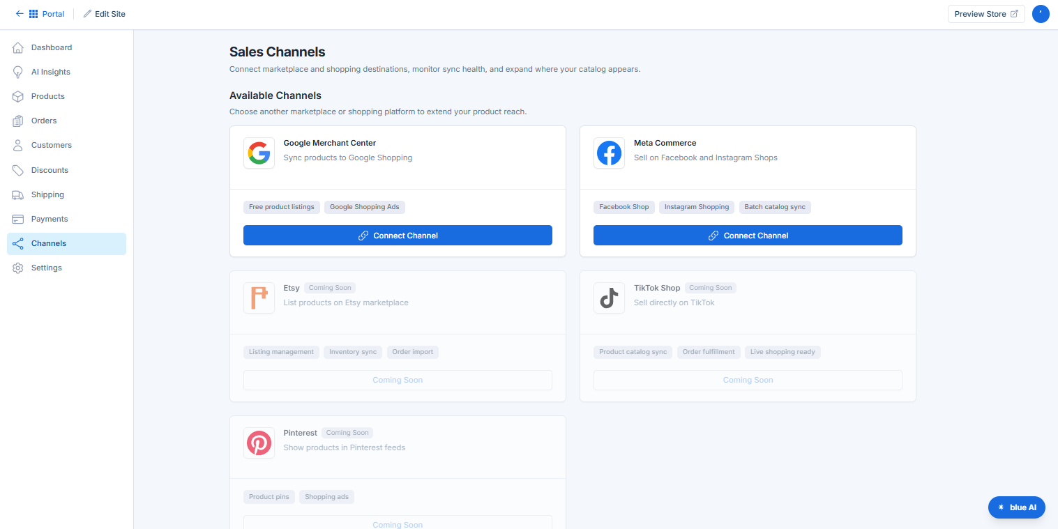 Bluehost AI Store- Available Channels