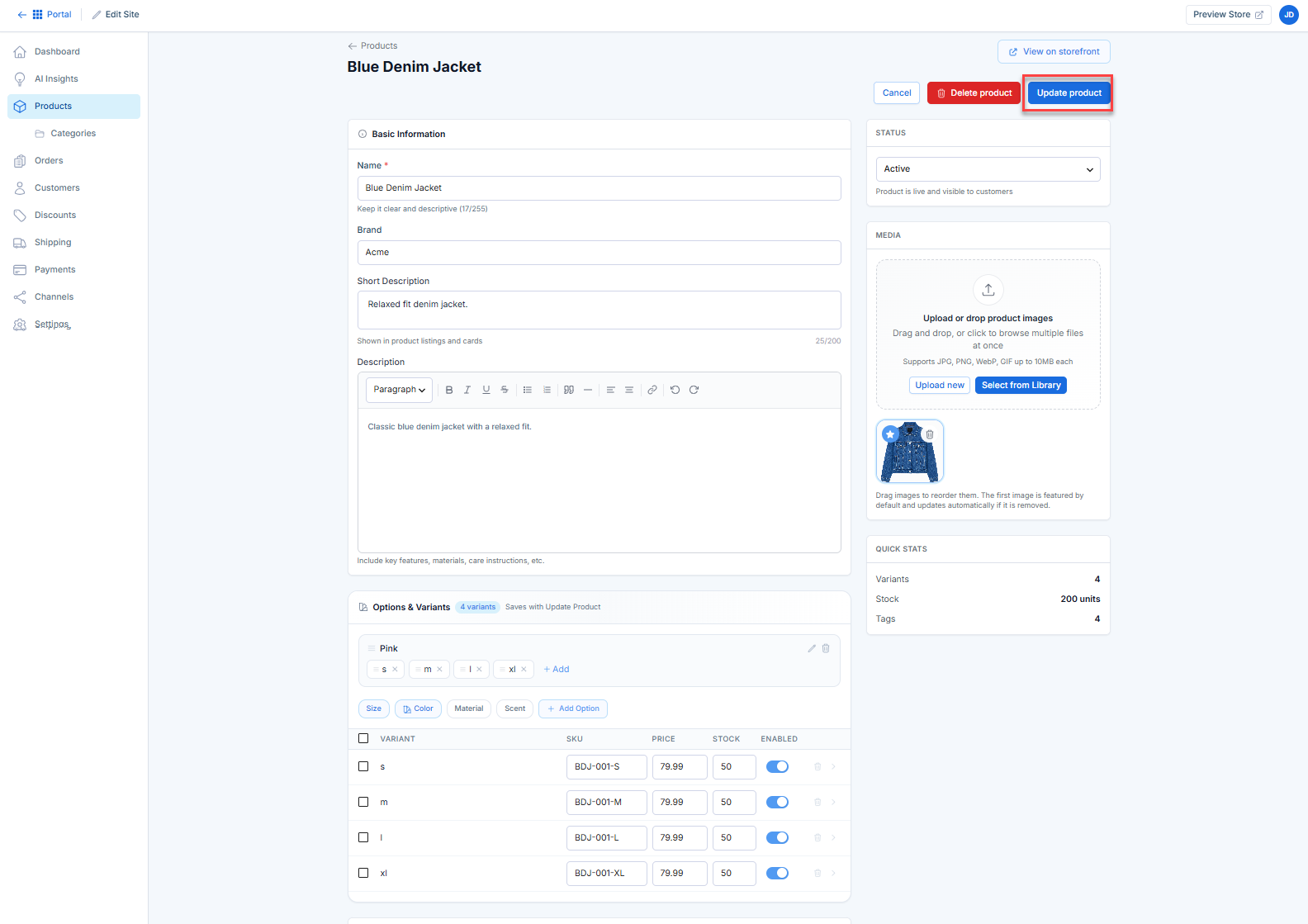 Update product button