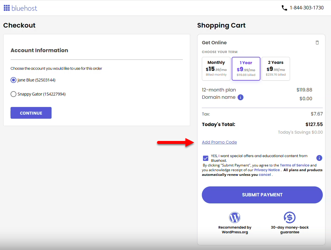 Bluehost Portal - Add a Promo Code