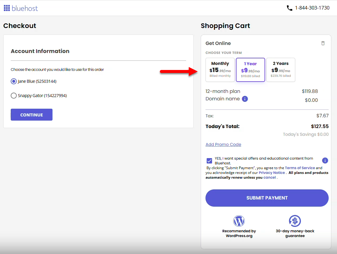 Bluehost Portal - Choose a billing term