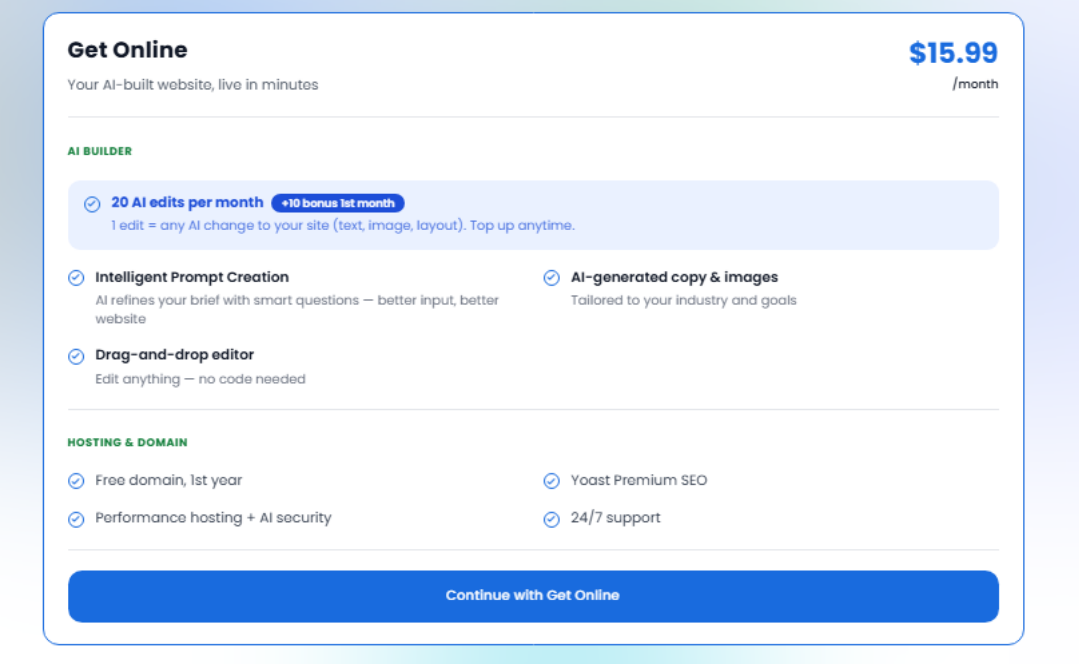 Bluehost AI Website Builder - Choose your plan