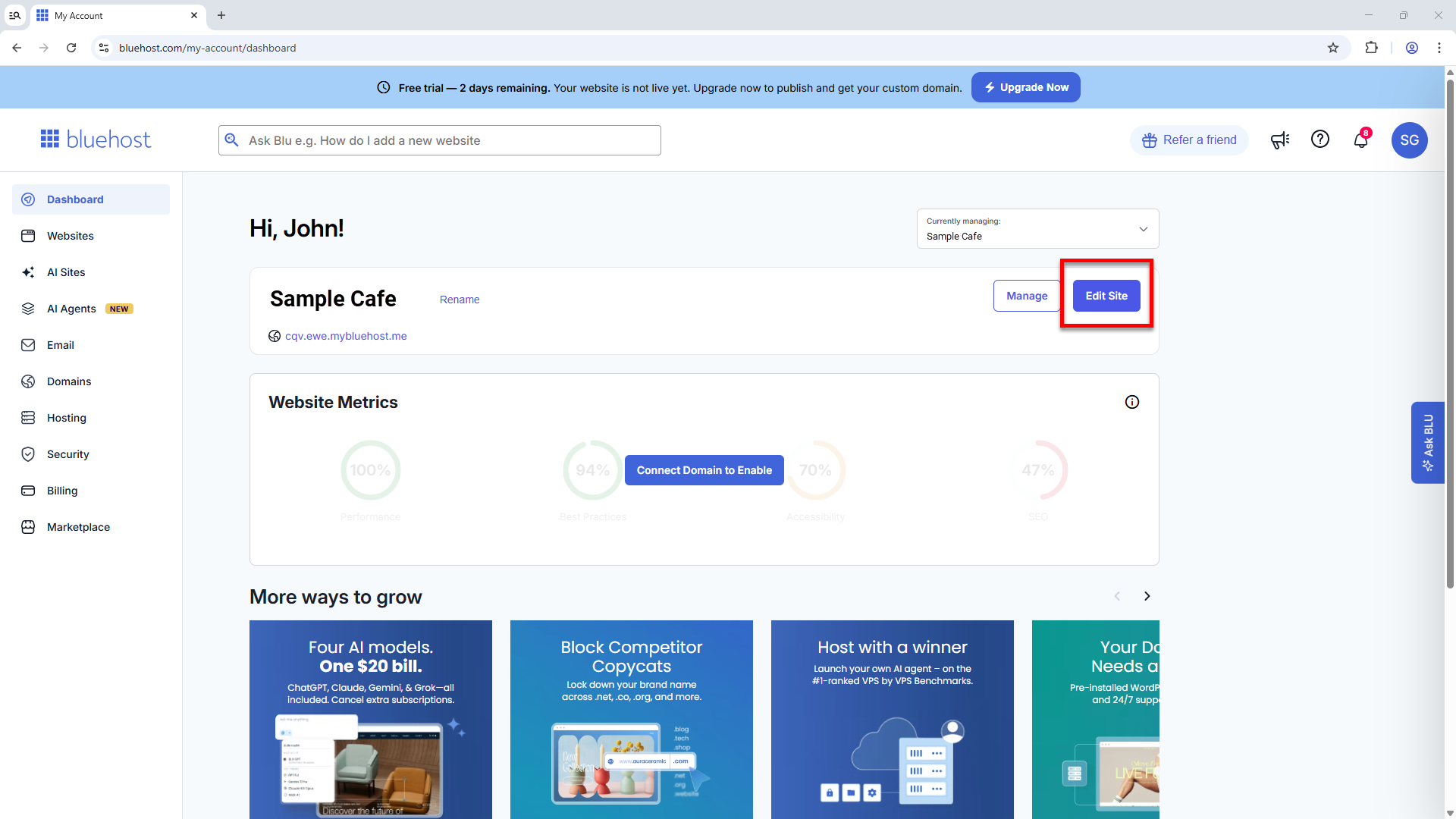 Bluehost Portal - Edit Site