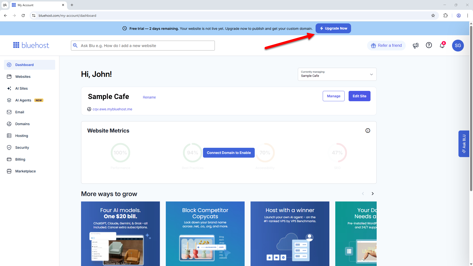 Bluehost Portal - Upgrade Now banner