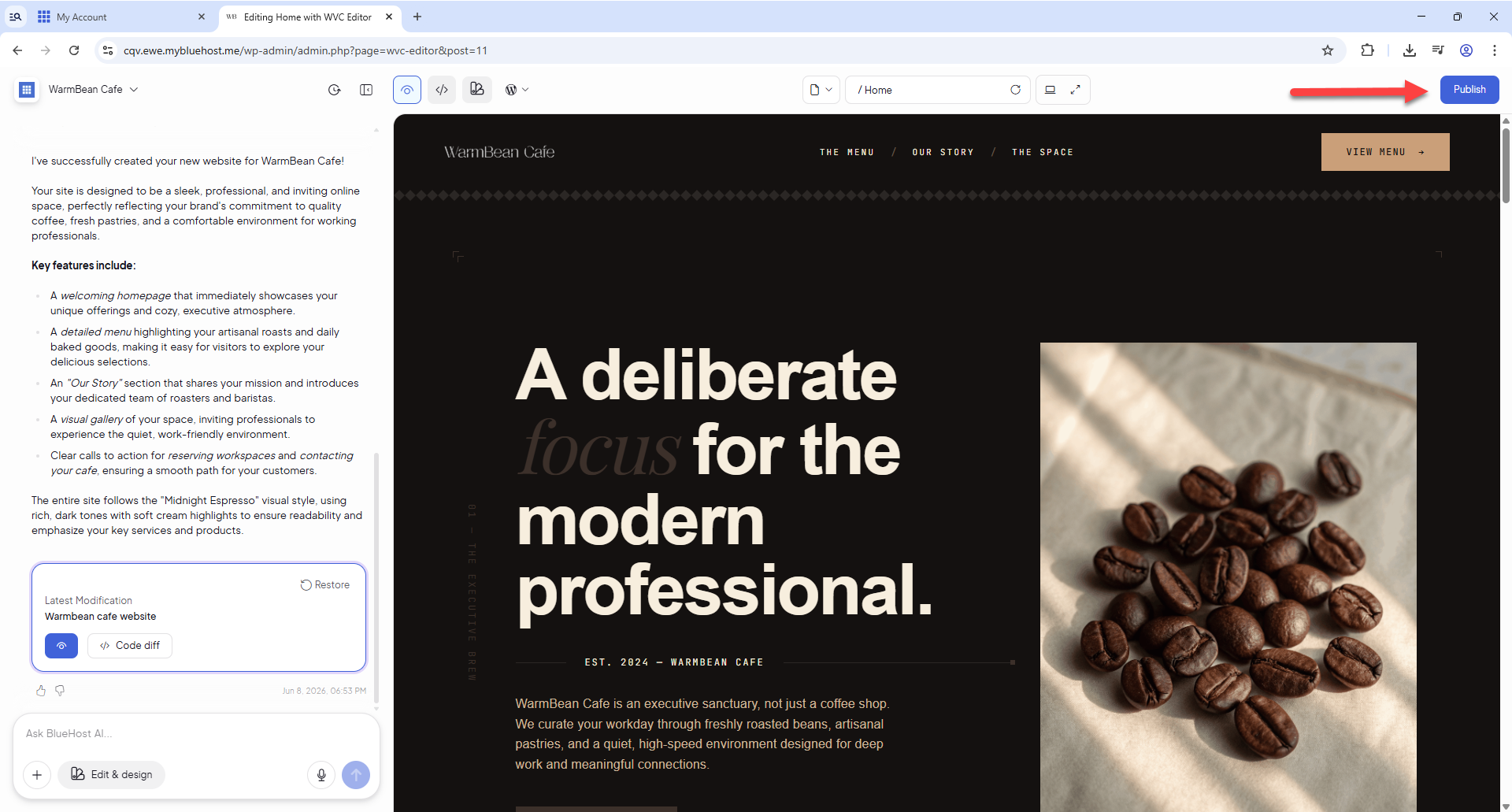 Bluehost Portal - Edit Site - Publish