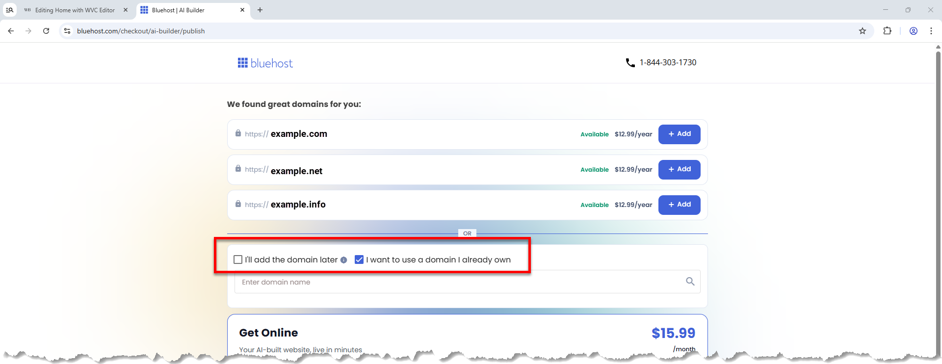 Bluehost Portal - Use existing domain or choose later