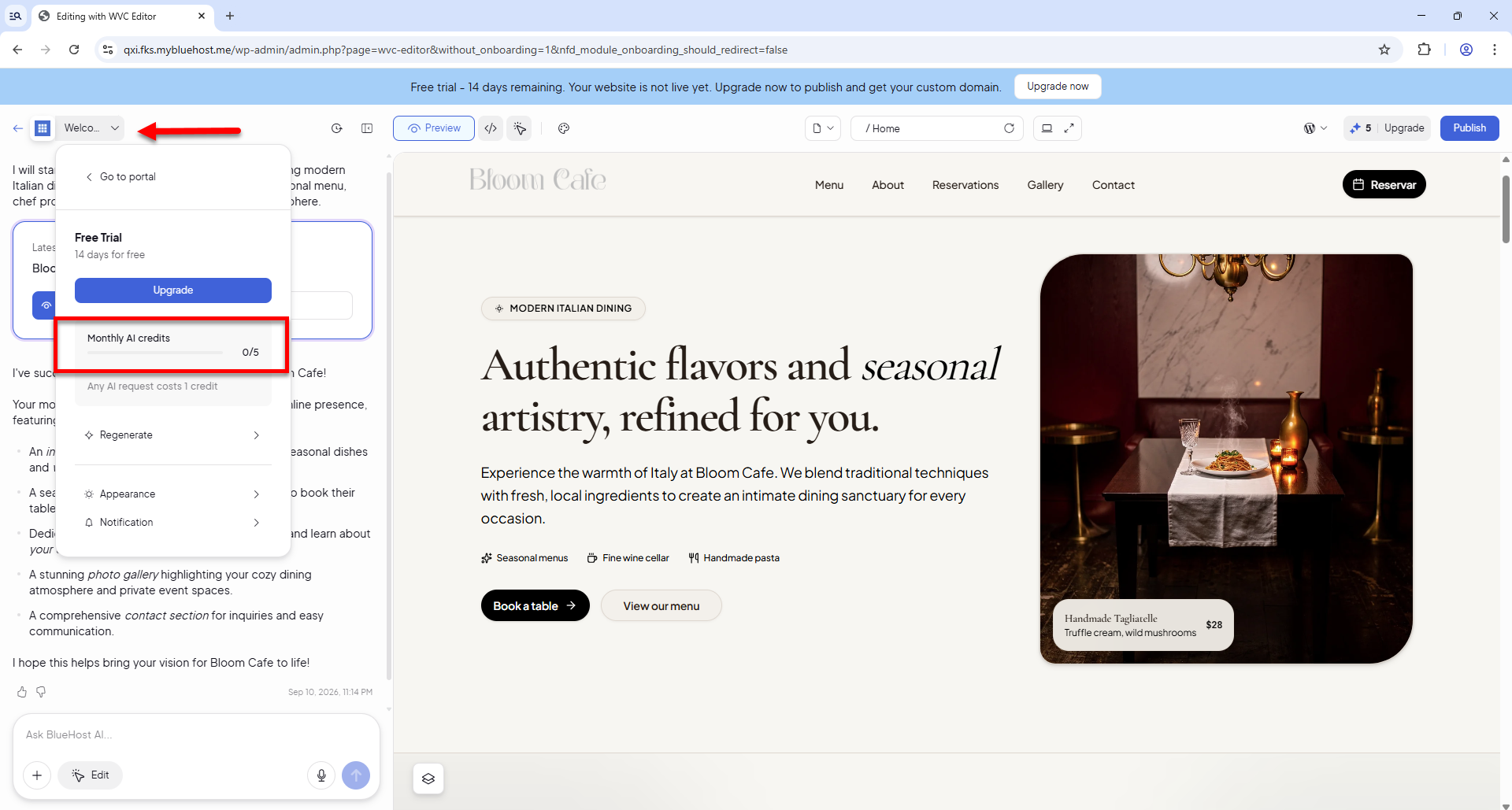 Bluehost AI Website Builder - Monthly AI Credits