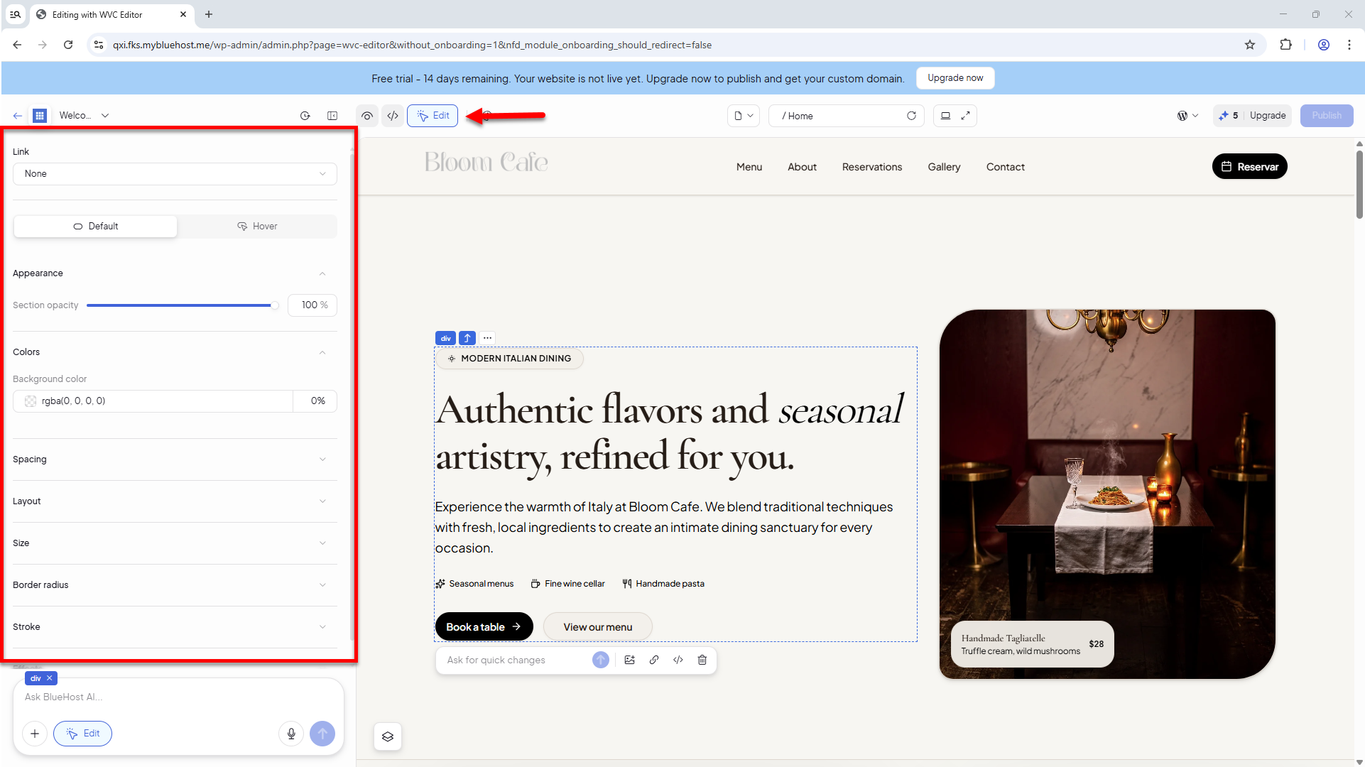 Bluehost AI Website Builder - Manual edit