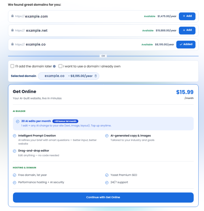Bluehost AI Website Builder - Proceed with Get Online