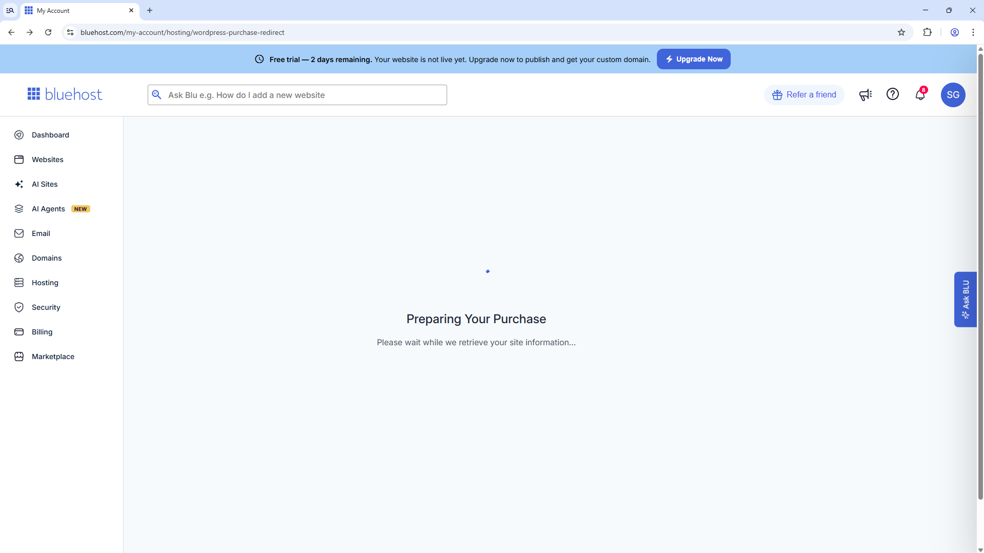 Bluehost Portal - Retrieving site information