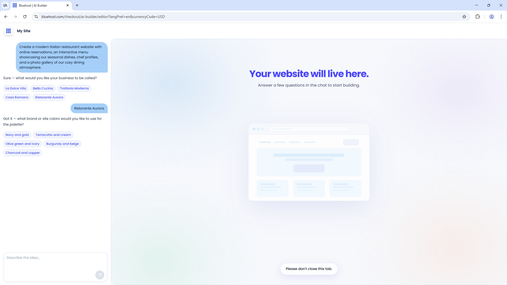 Bluehost AI Website Builder - Select color palette