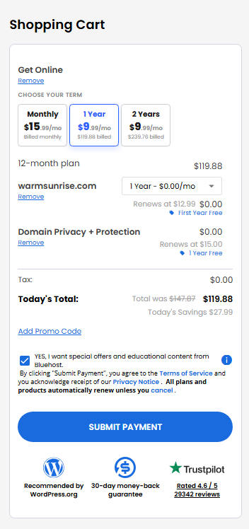 Bluehost AI Website Builder - Shopping cart