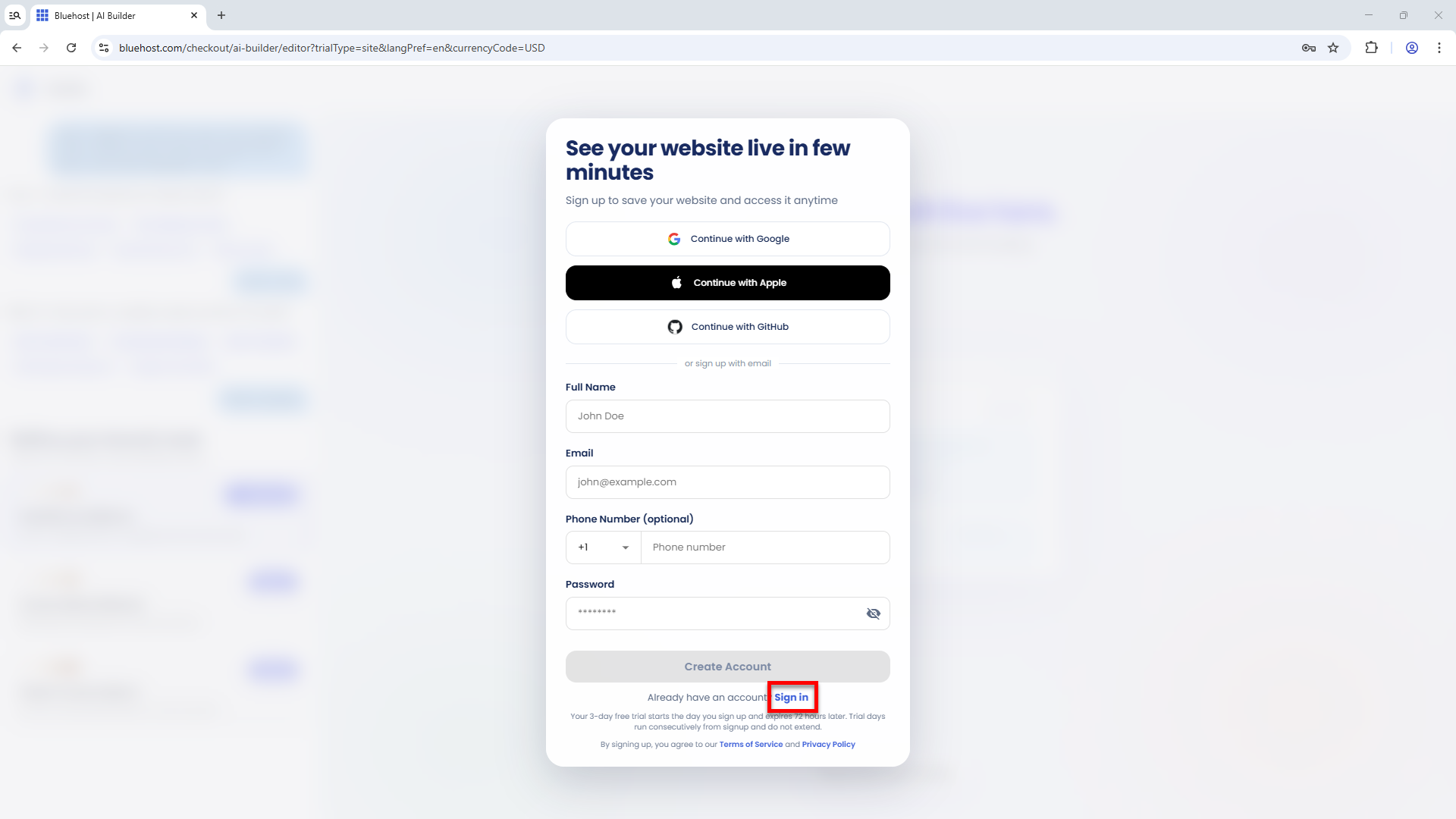 Bluehost AI Website Builder - Sign in