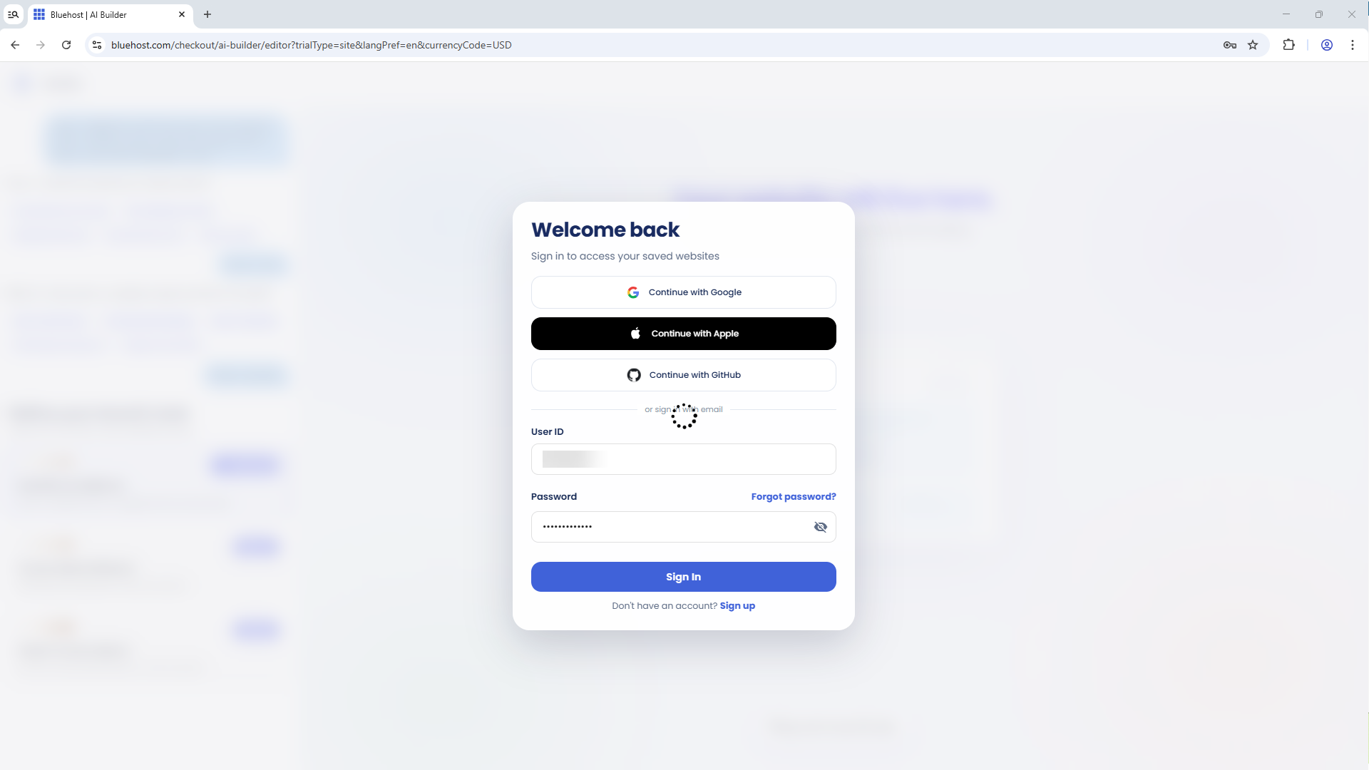 Bluehost AI Website Builder - Signing in