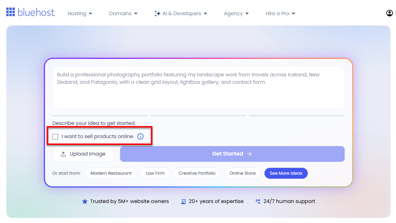 AI Website Builder & Store - "I want to sell products online" checkbox