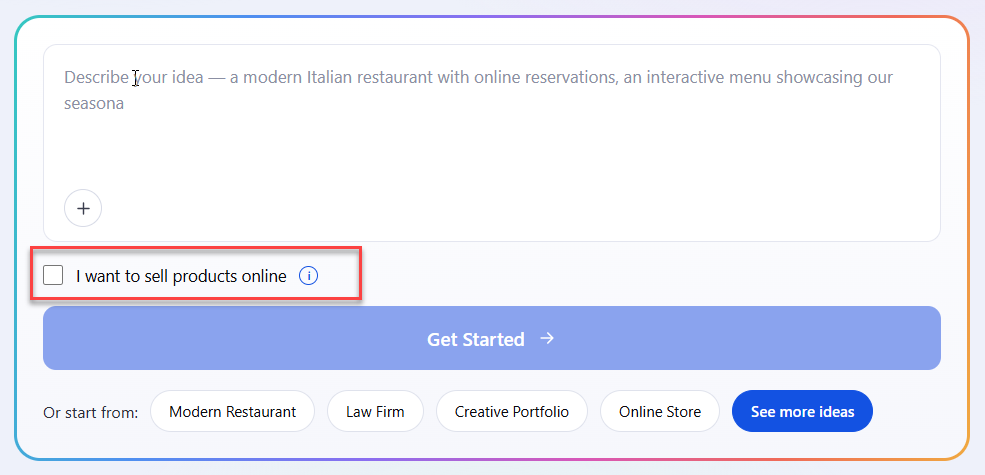 AI Website Builder & Store - "I want to sell products online" checkbox