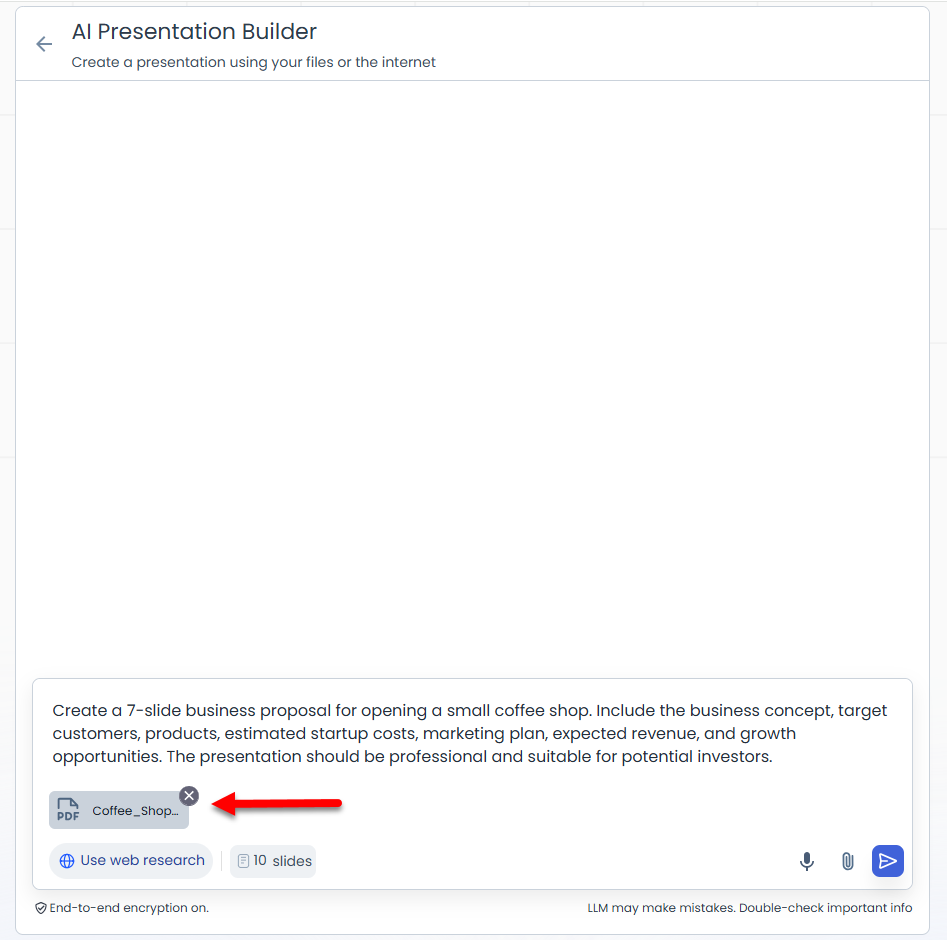 AI Presentation Builder - Entered prompt and Uploaded a reference file