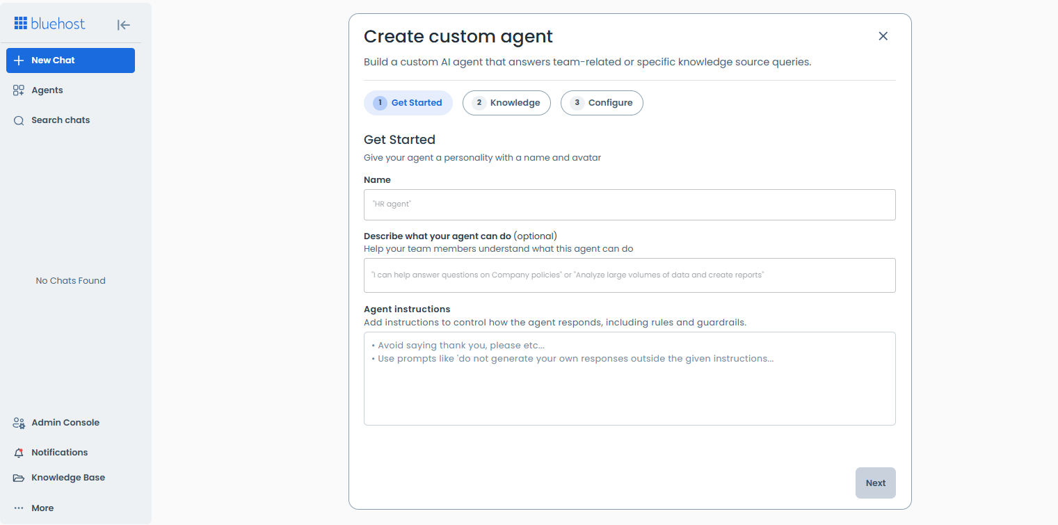 Create custom agent - Give the agent a name and purpose