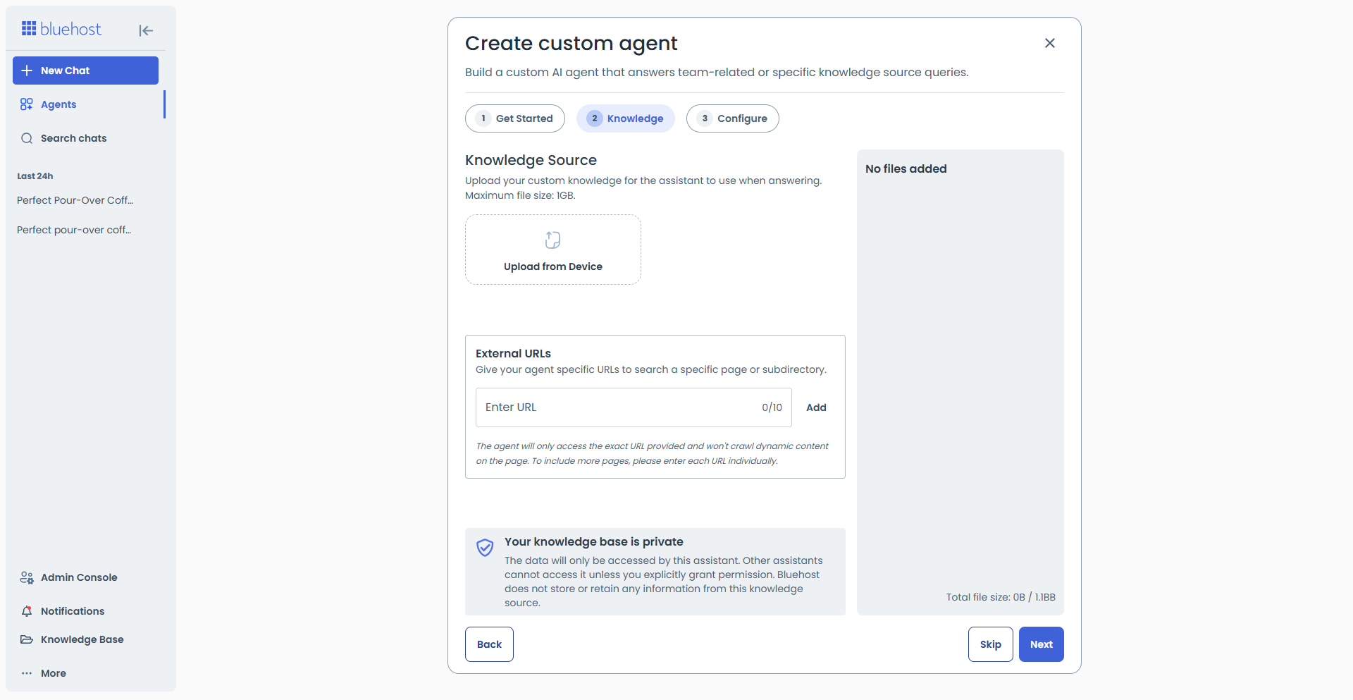 Create custom agent - Provide knowledge source