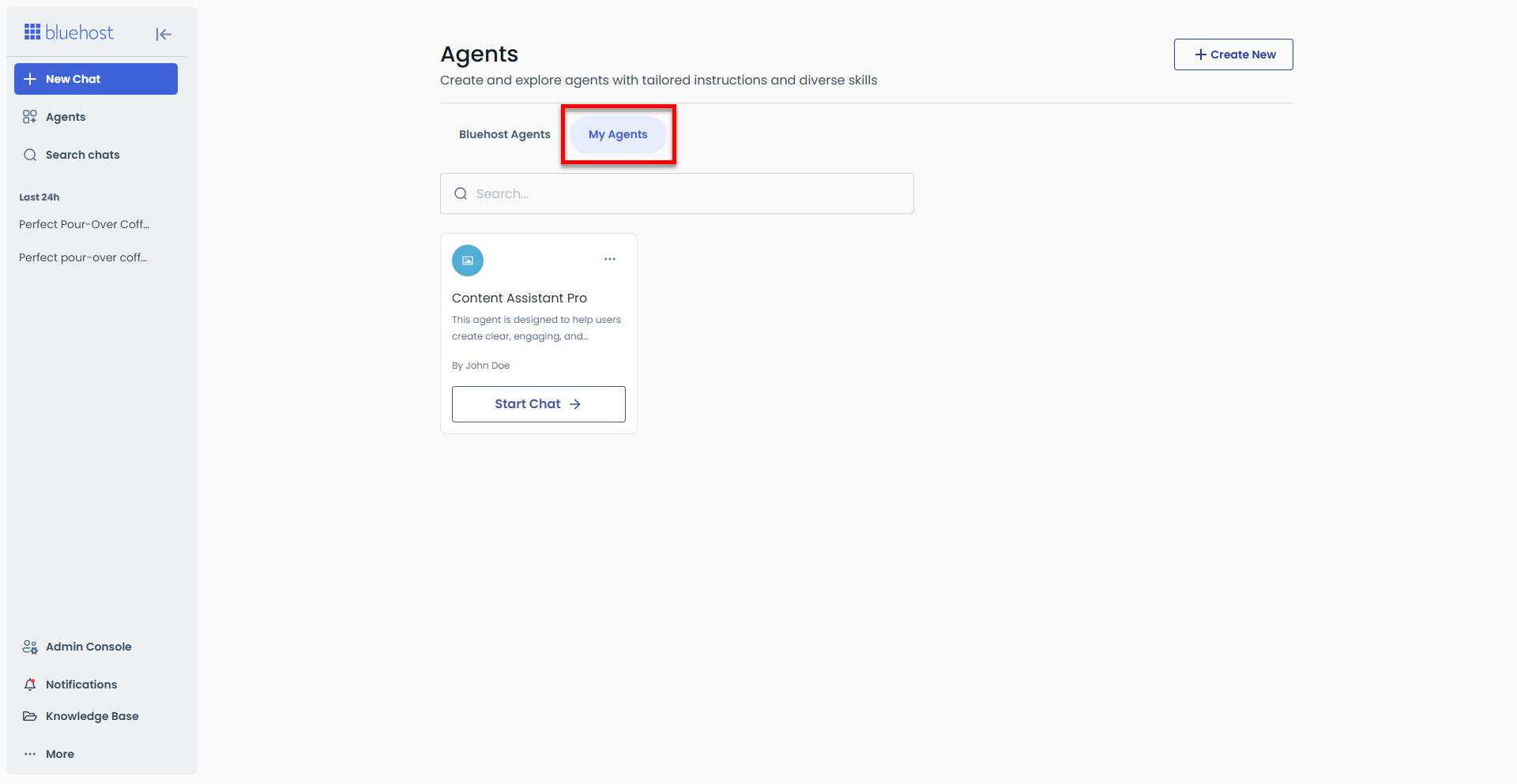 My Agents tab - New AI Agent