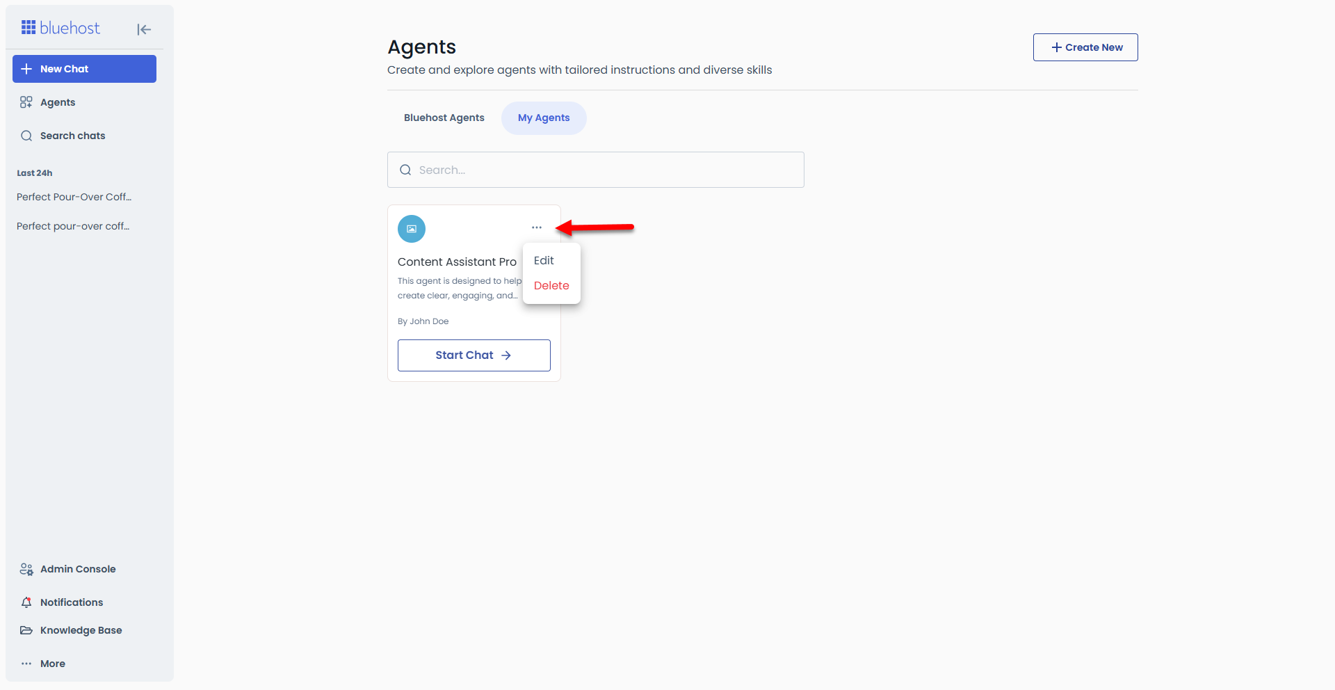 My Agents tab - More options (Edit or Delete)