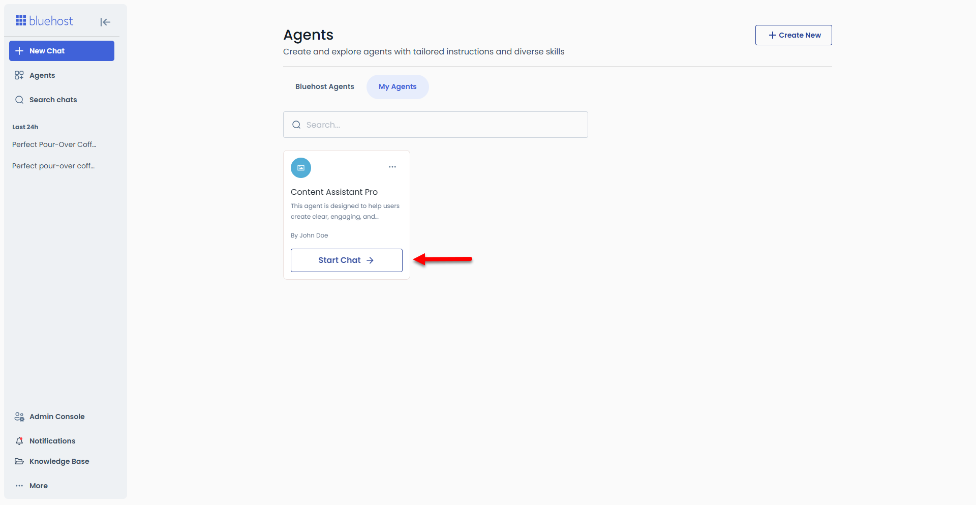 My Agents tab - Start Chat