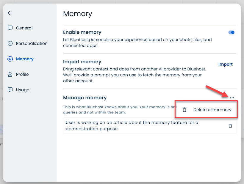Manage Memory - Delete all memories