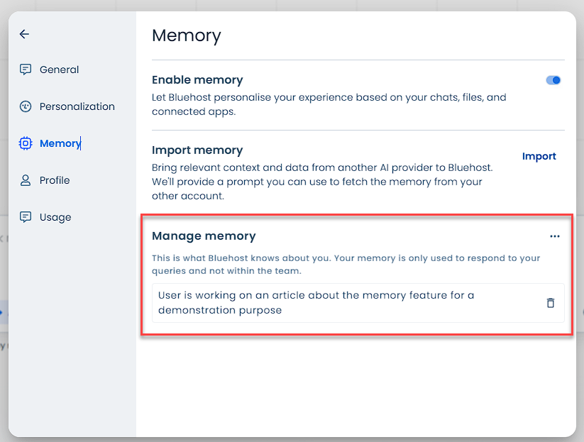 Memory settings - Manage Memory