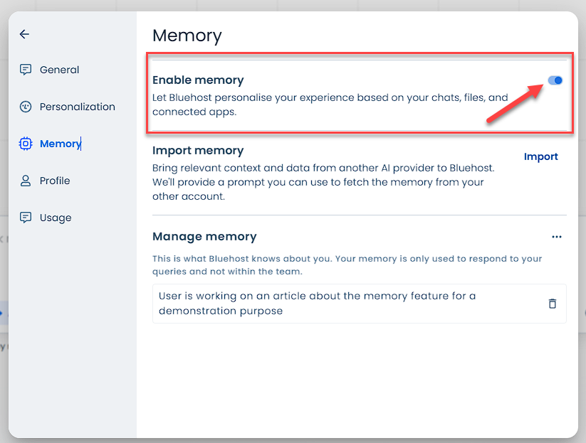 Memory settings - Enable Memory toggle