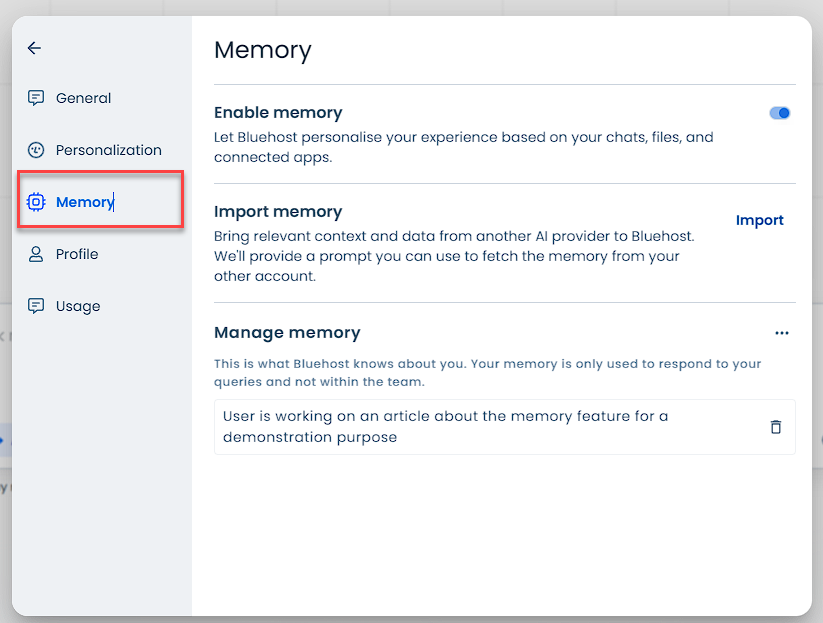 AI All-Access Pack Settings - Memory tab