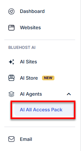 Bluehost Portal - AI Agents - AI All-Access Pack tab