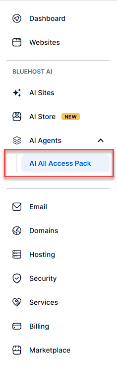 Bluehost Portal left navigation - AI All-Access Pack