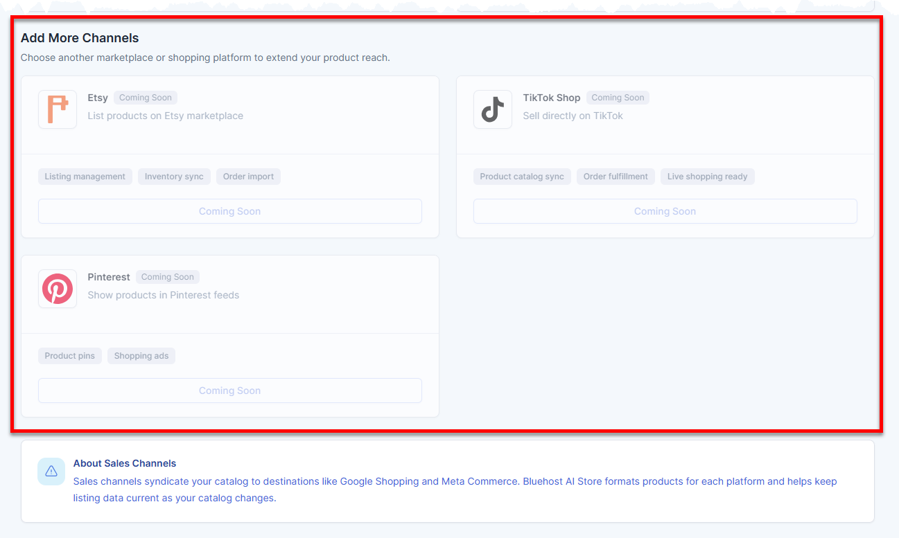 Bluehost AI Store - Add More Channels