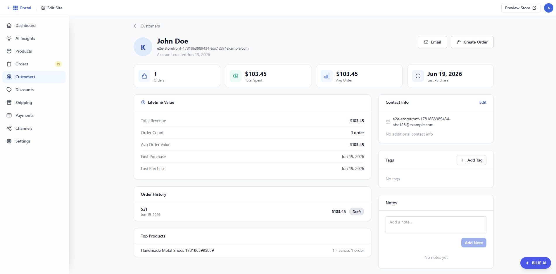 Bluehost AI Store - Customers tab - Customer information