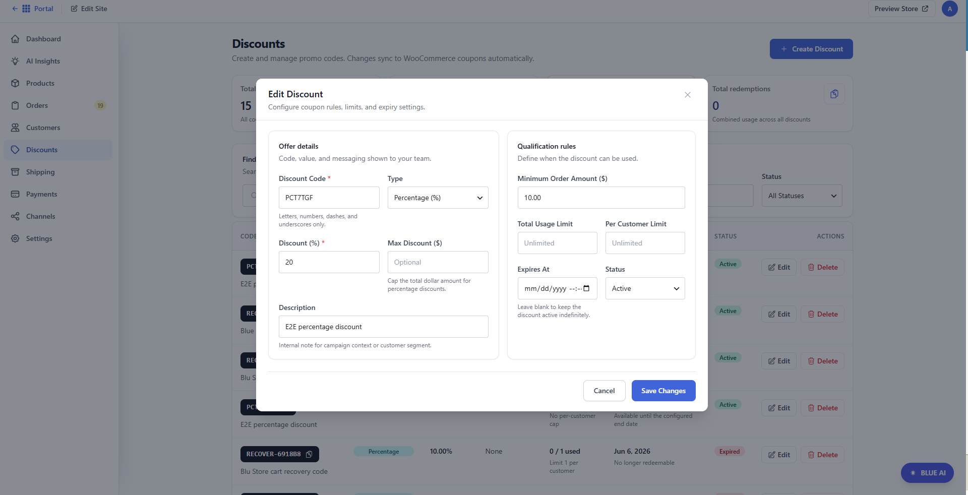 Bluehost AI Store - Discounts tab - Edit discounts
