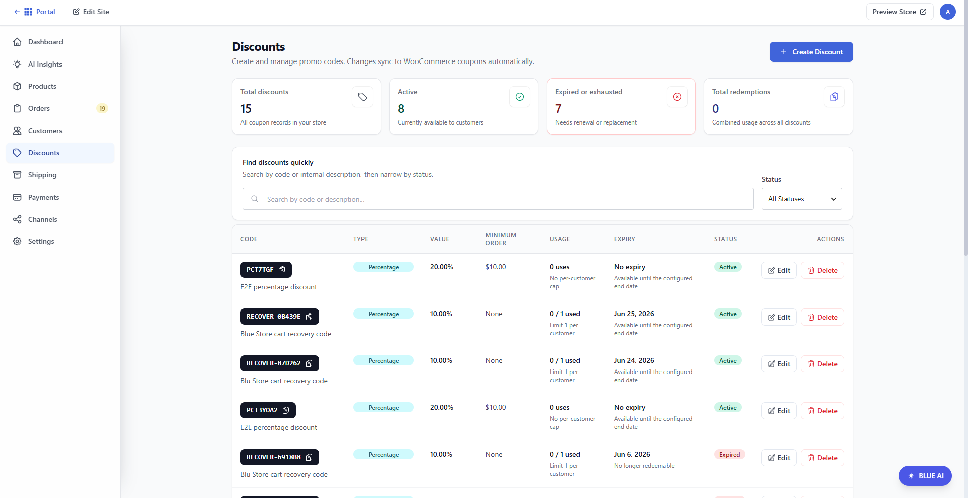 Bluehost AI Store - Discounts tab