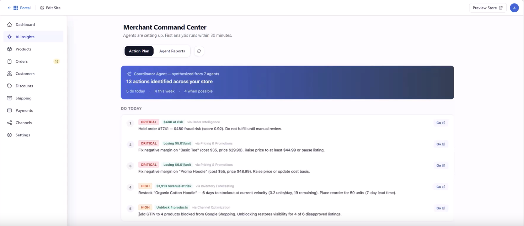 Bluehost AI Store - AI Insights tab - Action Plan