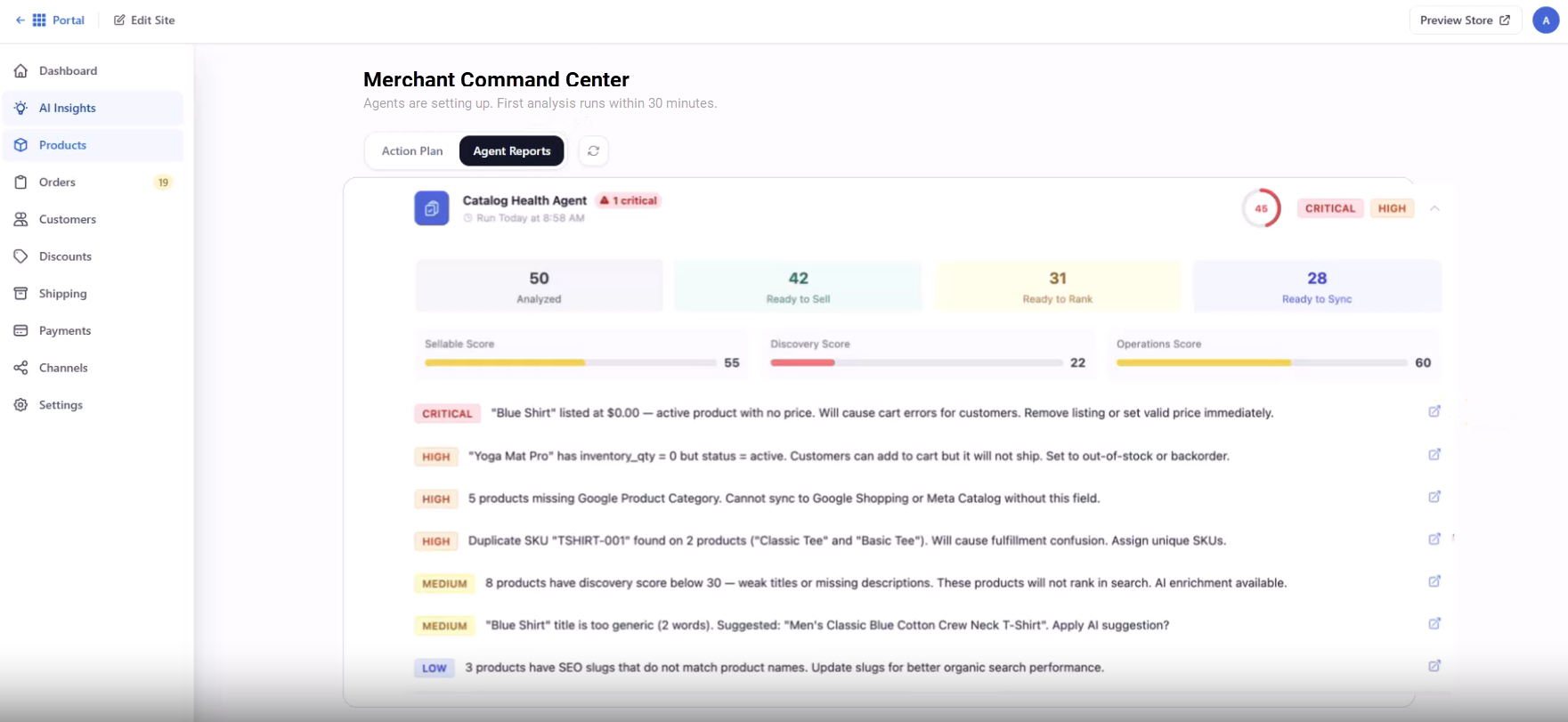 Bluehost AI Store - AI Insights tab - Agent Reports