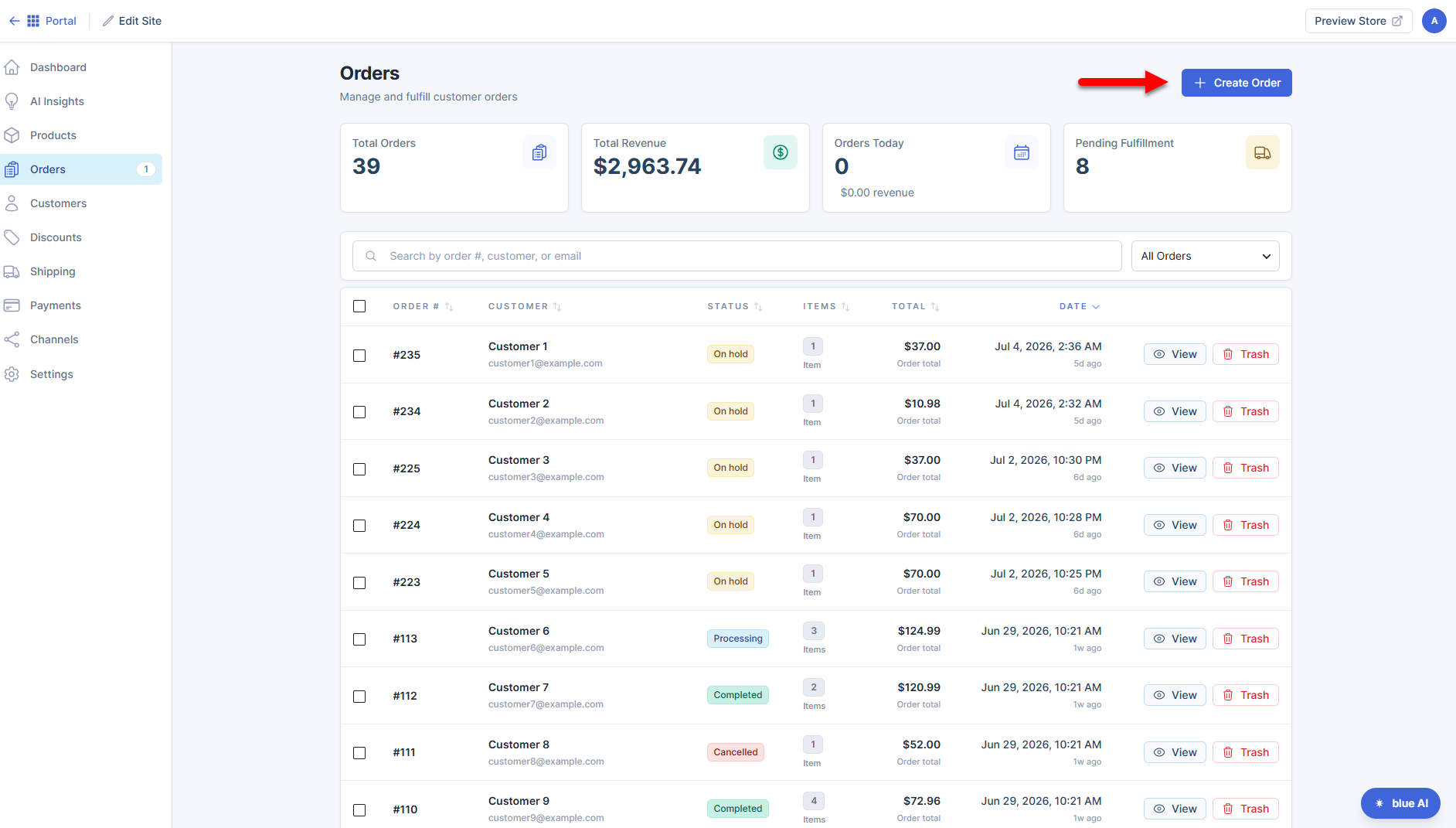 AI Store - Orders tab - Create Order