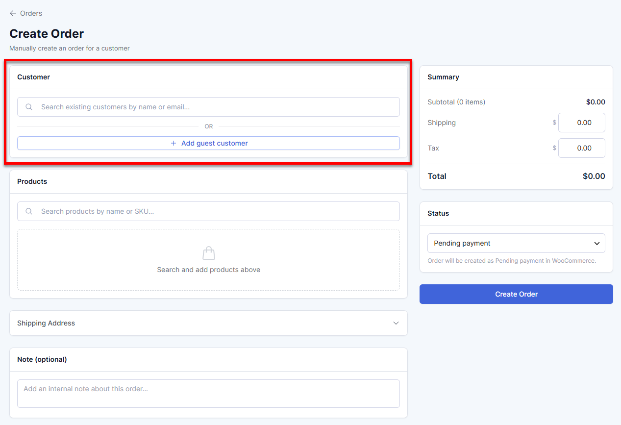 Orders tab - Create Order - Enter customer information