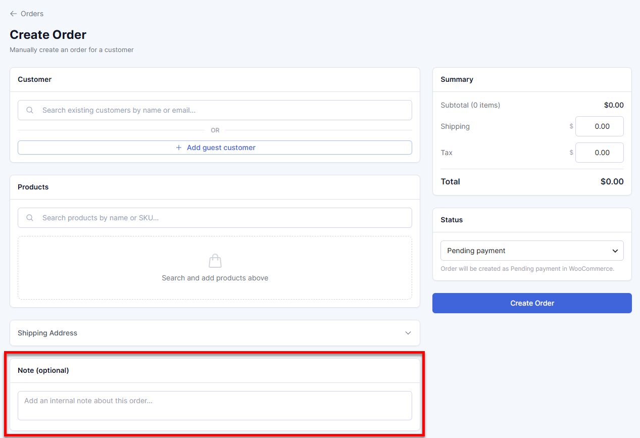 Orders tab - Create Order - Enter a note