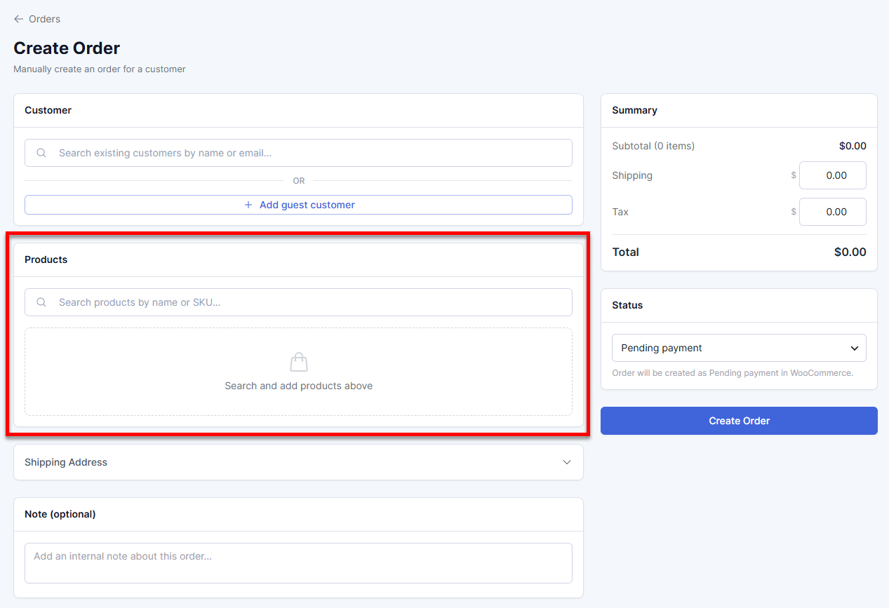 Orders tab - Create Order - Enter product details