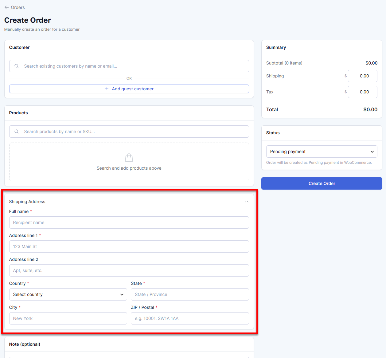 Orders tab - Create Order - Enter shipping address