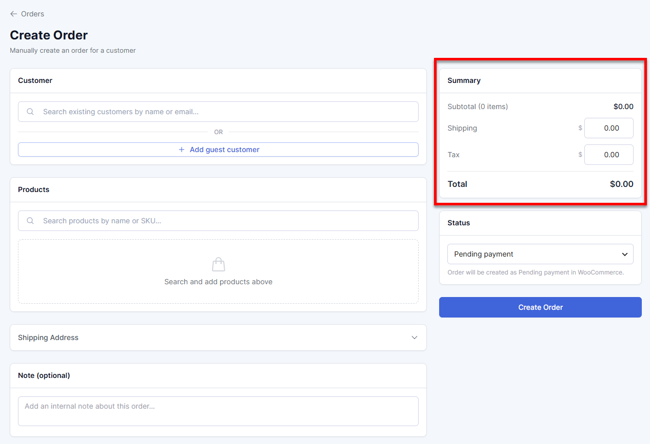 Orders tab - Create Order - Enter shipping charge and tax