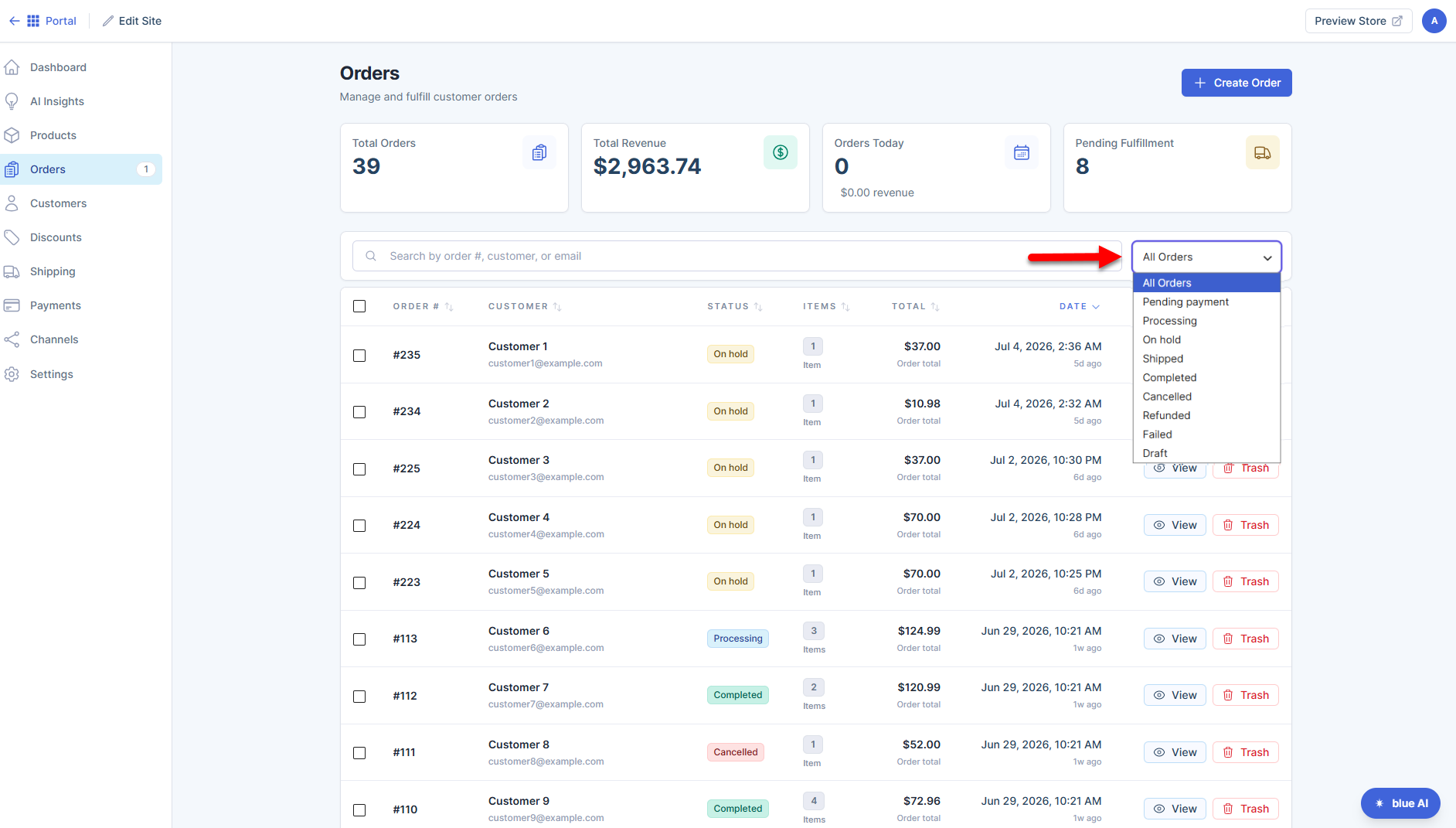 Orders tab - Filter Status